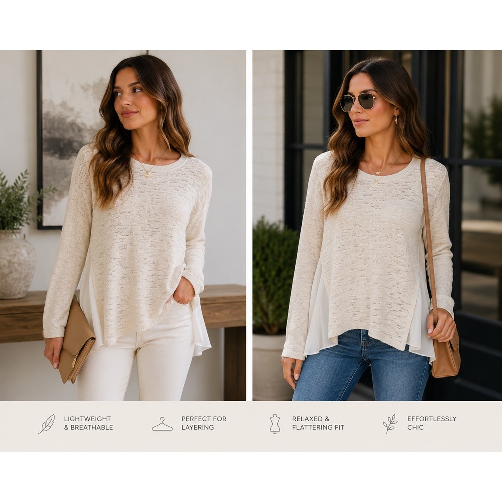 White House Black Market Cream Knit Layered Hem Sweater with Back Detail -Medium